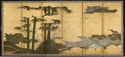 月光下的竹林，16世纪初（六扇屏风一对；墨、色、金
纸上）。) 作者 日本学校