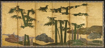 月光下的竹林，16世纪初（六扇屏风一对；墨、色、金
纸上）。 作者 日本学校