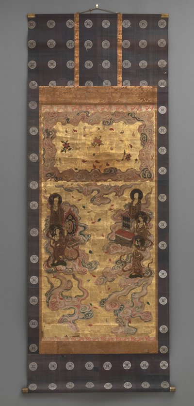 壁画：二十五岁的后裔 菩萨（阿弥陀佛的侍从）， 18 世纪（三联画挂轴：墨水、颜色和金色 纸上叶子，黄铜） 作者 日本学校