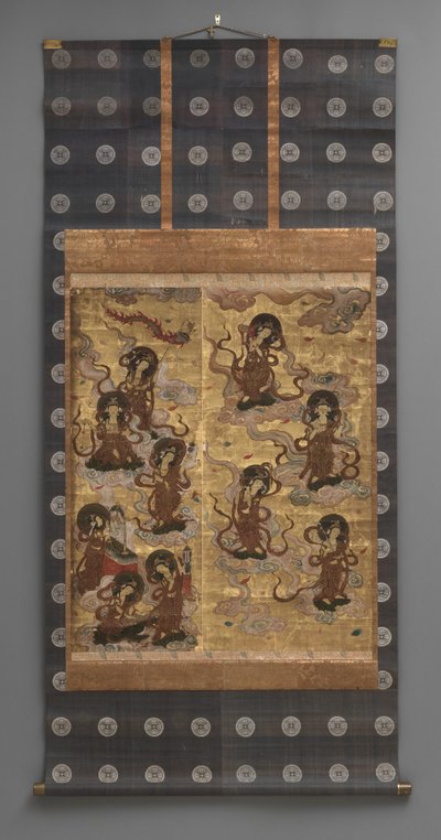 壁画：二十五岁的后裔 菩萨（阿弥陀佛的侍从）， 18 世纪（三联画挂轴：墨水、颜色和金色 纸上叶子，黄铜） 作者 日本学校