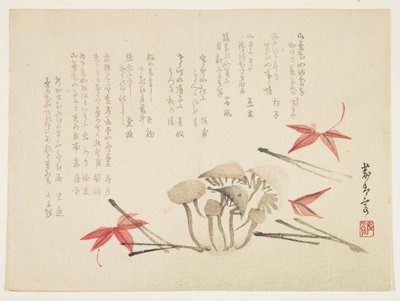 蘑菇，枫叶和松针（彩色木版画） 作者 日本学校