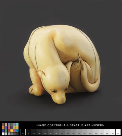 十九世纪初（象牙）建模为卧狗的Netsuke 作者 日本学校