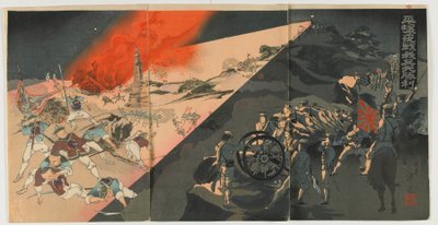明治时代的平阳夜战，1894年（彩色木版画） 作者 日本学校