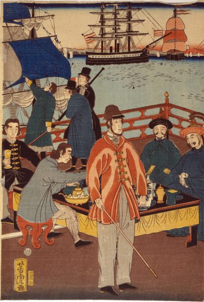 一张三联画展示了欧洲商人与日本人一起享用茶点。 背景是日本横滨港的船只 作者 日本学校