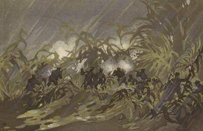 我军步兵在辽阳附近的黍田中小规模战斗 (chromolitho) 作者 日本学校