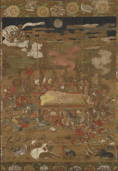 释迦牟尼的Parinirvana，历史佛（墨水，颜色和丝绸上的金） 作者 日本学校