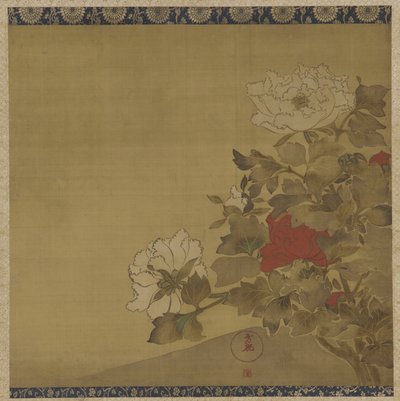牡丹，江户时代（丝绸上的墨水和颜色） 作者 日本学校