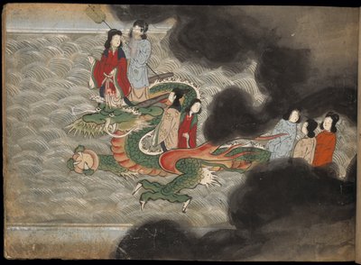 人们骑在龙身上，《大正藏》中的插图（纸本水墨彩色画） 作者 日本学校
