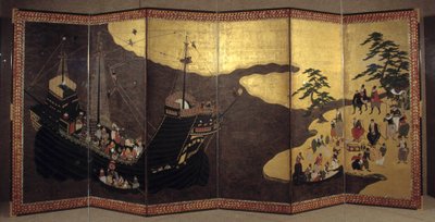 “Portuguese” screen representing the arrival of Jesuit Portuguese missionaries in Japan in the 16th century. 1590-1614. Kano School (?) Lisbon. National Museum of Ancient Art 作者 日本学校