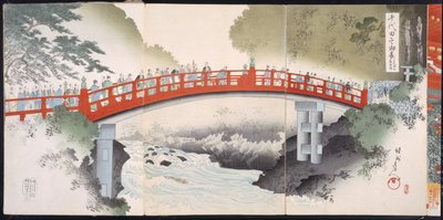 游行穿过河流进入寺庙，从19世纪的Woodcuts专辑（彩色木版画） 作者 日本学校