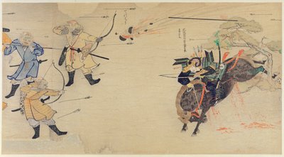 在1274年蒙古人入侵日本期间，由于贝壳爆炸，蒙古入侵者指控蒙古入侵者，1921年5月，来自Kokka杂志的插图 作者 日本学校