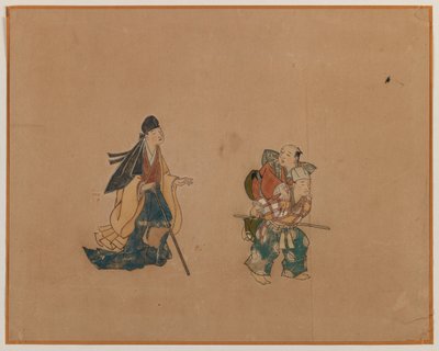 Samurai和Two Blindmen，专辑叶画（纸上的墨水和颜色） 作者 日本学校