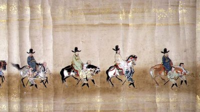 1651年德川家纲继位时在明治1年的第六次韩国驻日本大使馆，可能是狩野正信（1625-94）的作品（卷轴画）（细节）。 作者 日本学校