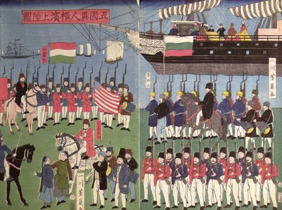 1853年佩里准将中队抵达日本港口（彩色木版画） 作者 日本学校