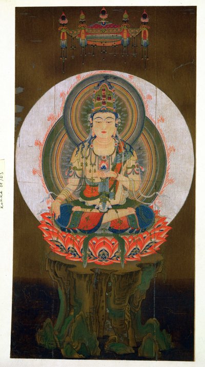 Bodhisattva Akashagarba手持Cintamani（愿意给予）左手宝石，坐在莲花上，插图是9世纪从Daigo神庙的kakemono，出版于Th 作者 日本学校