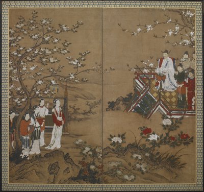 中国皇帝明黄和他的妃子杨贵妃演奏和唱歌，使花朵绽放，江户时代（颜色和金在纸上） 作者 日本学校
