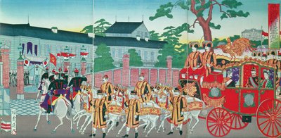 Mutsuhito皇帝（1852-1912）回到19世纪末的东京宫殿（彩色木版画） 作者 日本学校