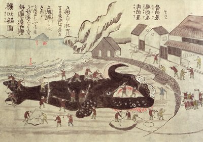 鲸鱼的连接，19世纪末（彩色雕刻） 作者 日本学校