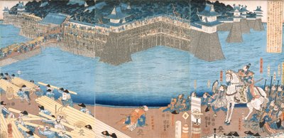 三联画显示了Kunigos河正在建造的堡垒，江户时期1603-1868。 作者 日本学校
