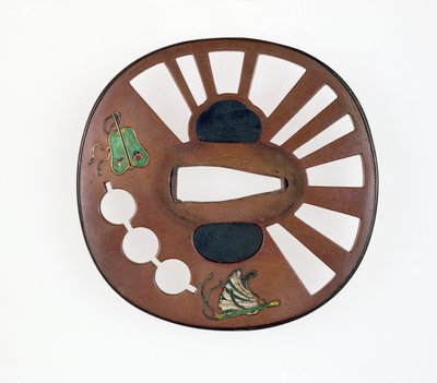 用风扇装饰的Tsuba（铜和珐琅） 作者 Japanese School