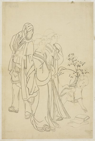 两个艺妓和花花公子一起散步 学徒 作者 日本学校