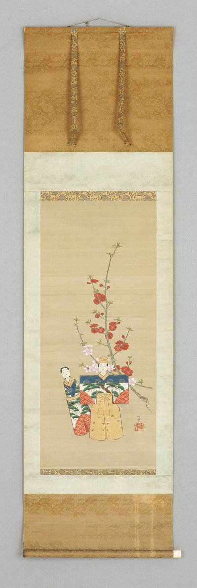 两个日本娃娃和一个花
枝，18世纪末（绢上彩绘 作者 日本学校