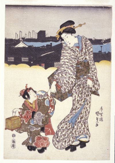 无题（女人和孩子）（彩色木刻） 作者 日本学校