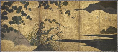 葡萄藤，小屋，草和岸鸟，桃山时期，1568-1615（金，墨水和纸上的颜色） 作者 日本学校