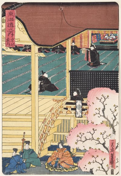 法庭上的军阀，三名武士战士，一名服务员接近宫殿，c.1500（木刻） 作者 日本学校