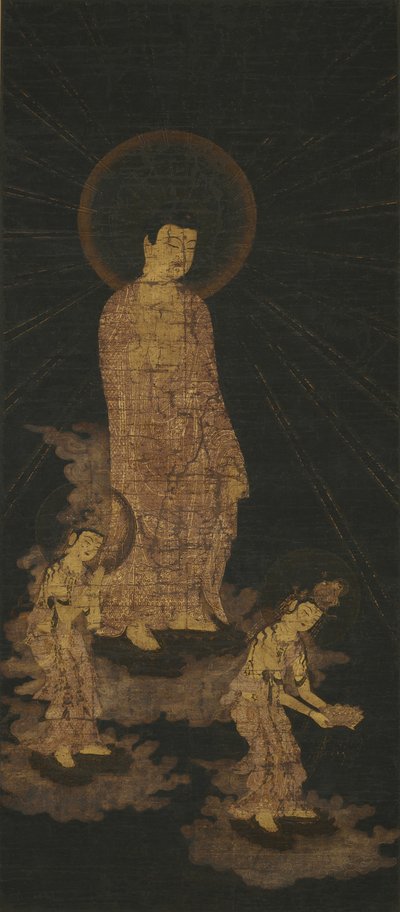 欢迎Amida Buddha Triad的下降（靛蓝色丝绸上的金色和彩色） 作者 日本学校