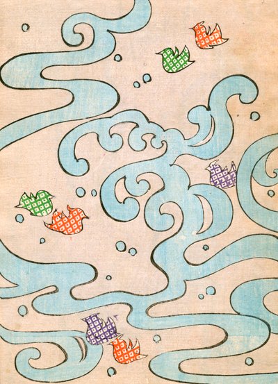 彩色木版画《飞翔在水面上的鸟儿》。 作者 日本学校