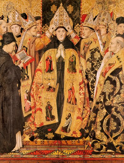 “" The Consecration of St. Augustine of Hippo "” Altarpiece of St. Augustine. Detrempe on wood by Jaume Huguet (1415-1492). 1466-1475. From the Church of St. Augustine in Barcelona. 作者 海梅·休格（Jaume Huguet）