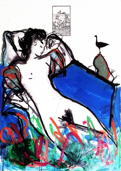 莎拉和鸭子》，2017 年（水彩纸上的混合媒介，裱在面板上，背面有食谱） 作者 杰·巴特勒