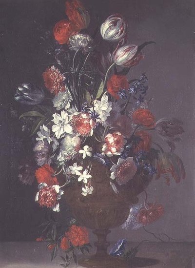 郁金香、玫瑰和其他花放在壁架上的花瓶中 作者 让·巴蒂斯特（Monnoyer 的追随者）