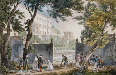 罗马别墅入口处的华丽场景，约 1820 年，由让·巴蒂斯特·托马斯 (Jean-Baptiste Thomas) 雕刻 (1791.1833) 作者 让-巴蒂斯特·托马斯