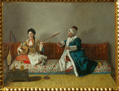 身着土耳其服装的勒维特先生和格拉瓦尼女士... 作者 让-艾蒂安 (attr.to) Liotard