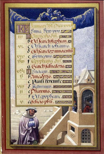 January: House in winter (Aquarius) - facsimile of the Hours of Anne of Brittany, by Jean Bourdichon 作者 吉恩（后）布迪洪
