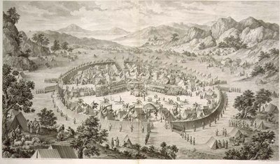 Tchao-Hoei在1758年用演习和军事游戏来占领他的部队，这是由Pierre Philippe Choffard (1730-1809)1772年雕刻的代表中国乾隆皇帝征服的系列版画中的第5版（雕版）。 作者 让（d.1781）（后）大马士革