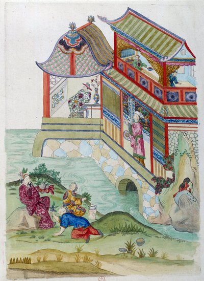 House on the river. Drawing comes from a Chinese vase. Painting by Jean Antoine Fraisse (18th century) 作者 让·安托万·弗赖斯（Jean Antoine Fraisse）