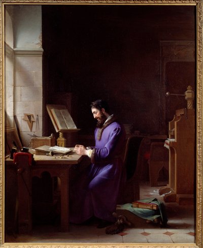 Johannes Gensfleisch Gutenberg (1400-1468) inventing the printing press The German printer is a representative handling characters at his office. Painting by Jean Antoine Laurent (1763-1832) 1830 Grenoble, Musee des Beaux Arts 作者 让·安托万·洛朗（Jean Antoine Laurent）