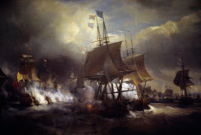 美国独立战争。"1778年7月23日至27日之间的韦桑海军战役"，她与法国舰队对抗英国舰队。细节。西奥多-古丁（1802-1880）的画作，19世纪巴黎。海洋博物馆 作者 让·安托万·西奥多·古丁
