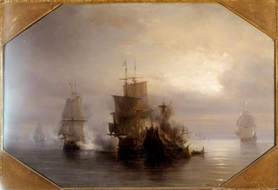 骑士 Marc-Antoine de Saint-Pol Hecourt（1665 年至 1705 年 10 月 31 日）的海战，1705 年 10 月 31 日，他以附近的滨海圣保罗镇（Saint-Pol-sur-Mer）的名字命名。 西奥多·古丁 (1802-1880) 的画作，19 世纪。 巴黎，海洋博物馆 作者 让·安托万·西奥多·古丁