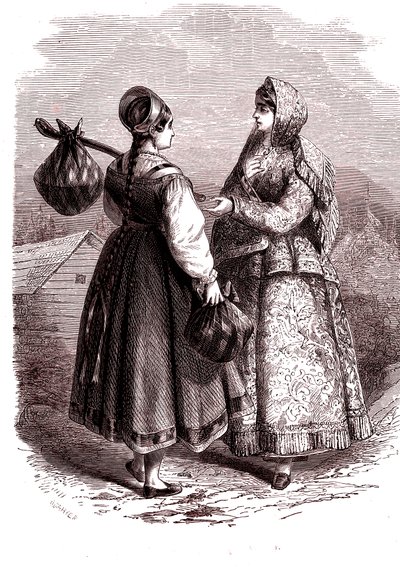 俄罗斯。瓦尔代伊坐骑上的妇女。1865 年（雕刻） 作者 让·安托万·瓦伦丁·富奎尔