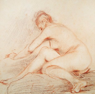 裸体女人（纸上的木炭和红色粉笔） 作者 Jean Antoine Watteau
