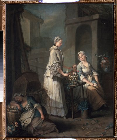 让-巴蒂斯特（Jean Baptiste）-夏朋蒂埃（1728-1806 年）1795-1799 年莫斯科普希金博物馆绘画作品 "La marchande de fleurs"（花季少女 作者 让·巴蒂斯特·夏蓬蒂尔