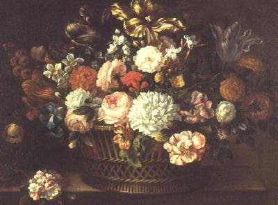 牡丹、郁金香、水仙花和其他花放在一个篮子里 作者 Jean Baptiste (attr. To) Monnoyer