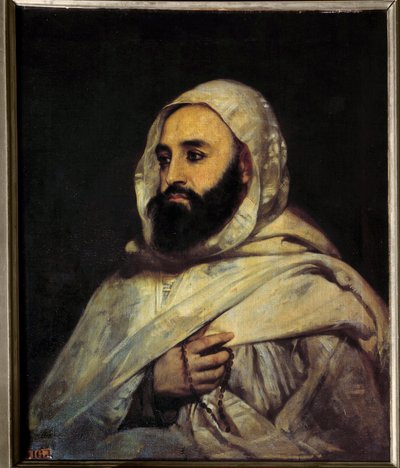 Ben Mahi Ed Din Abd El Kader (Abd El-Kader) (1808 - 1883) Emir Algerian (h s / t 0.72 x 0.59) 的肖像画，Angel Tissier (1814 - 1876) 凡尔赛宫。 城堡博物馆。 作者 让·巴蒂斯特·安格·蒂西尔