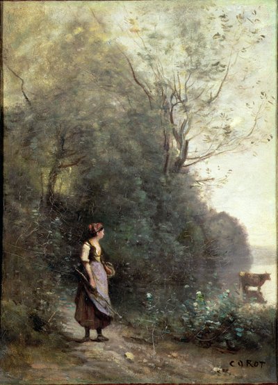农民妇女在森林的边缘吃草一头母牛，c.1865-70 作者 让·巴蒂斯特·卡米尔·科罗