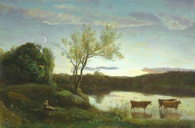 一个有三头母牛和一个新月的池塘，1850年 作者 Jean Baptiste Camille Corot