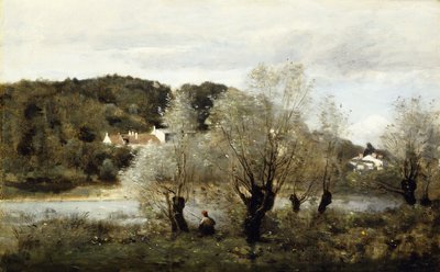阿瓦里村池塘边的渔夫； Pecheur au Bord de L“ Etang a Ville d” Avray，约1850-55年 作者 让·巴蒂斯特·卡米尔·科罗